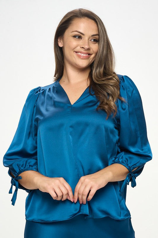 Stretch Satin Bold V neck Top with Tie Sleeve-0