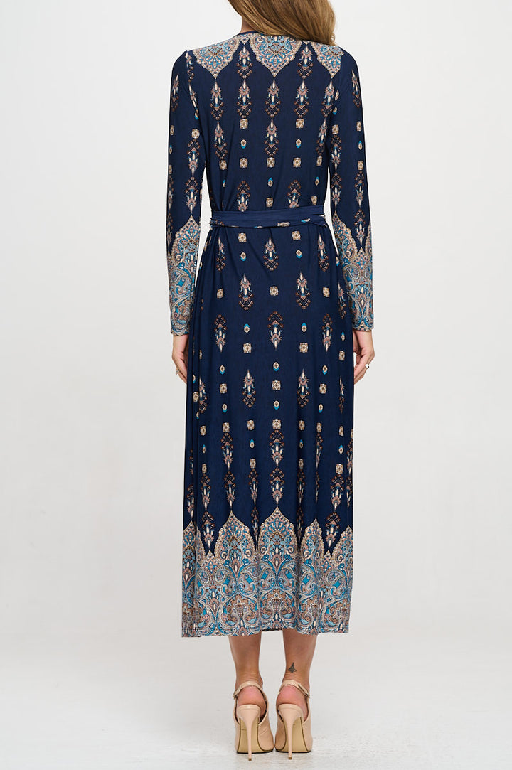 Brushed Knit Print V neck Jersey Wrap Maxi Dress with Tie-3