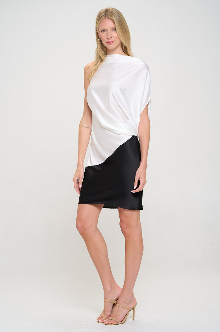 Asymmetric Color block Midi Dress with Drop Shoulder-3