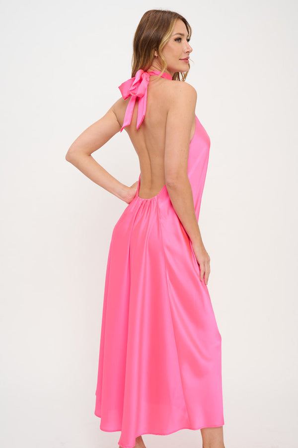 Solid Satin Halter neck Backless Midi Dress-0