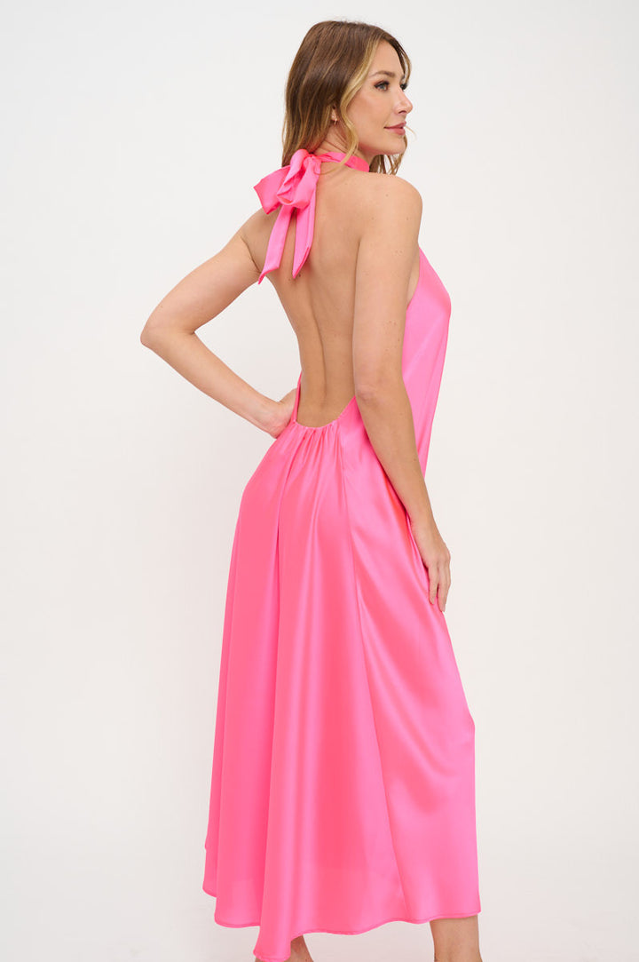 Solid Satin Halter neck Backless Midi Dress-0