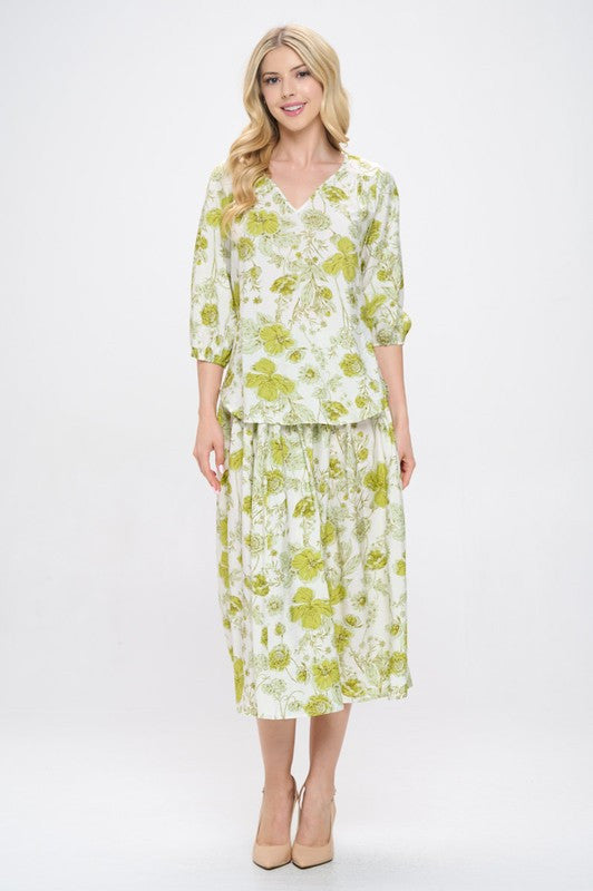 Floral Print V neck 3/4 Sleeve Top-4