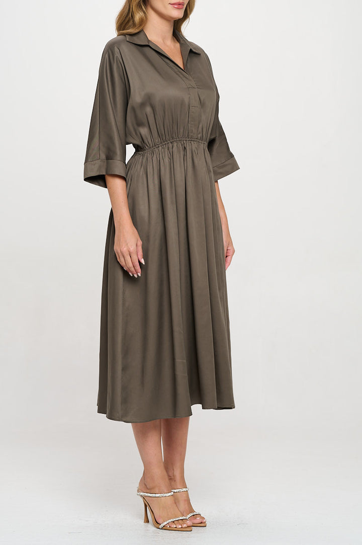 Tencel Collared V neck Midi Dress with Pockets-2