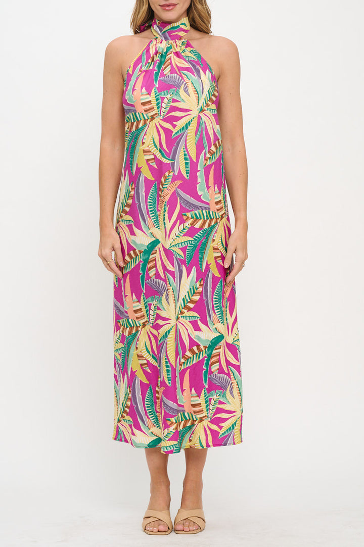 Tropical Print Halter neck Backless Midi Dress-1