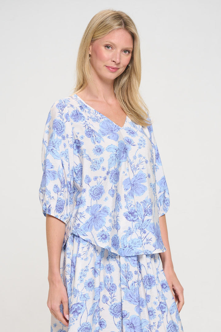 Floral Print V neck 3/4 Sleeve Top-1