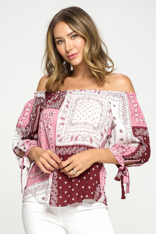 BANDANA PRINT OFF THE SHOULDER TOP-0
