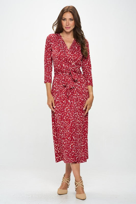 Brushed Knit Print V neck Jersey Wrap Maxi Dress with Tie-3