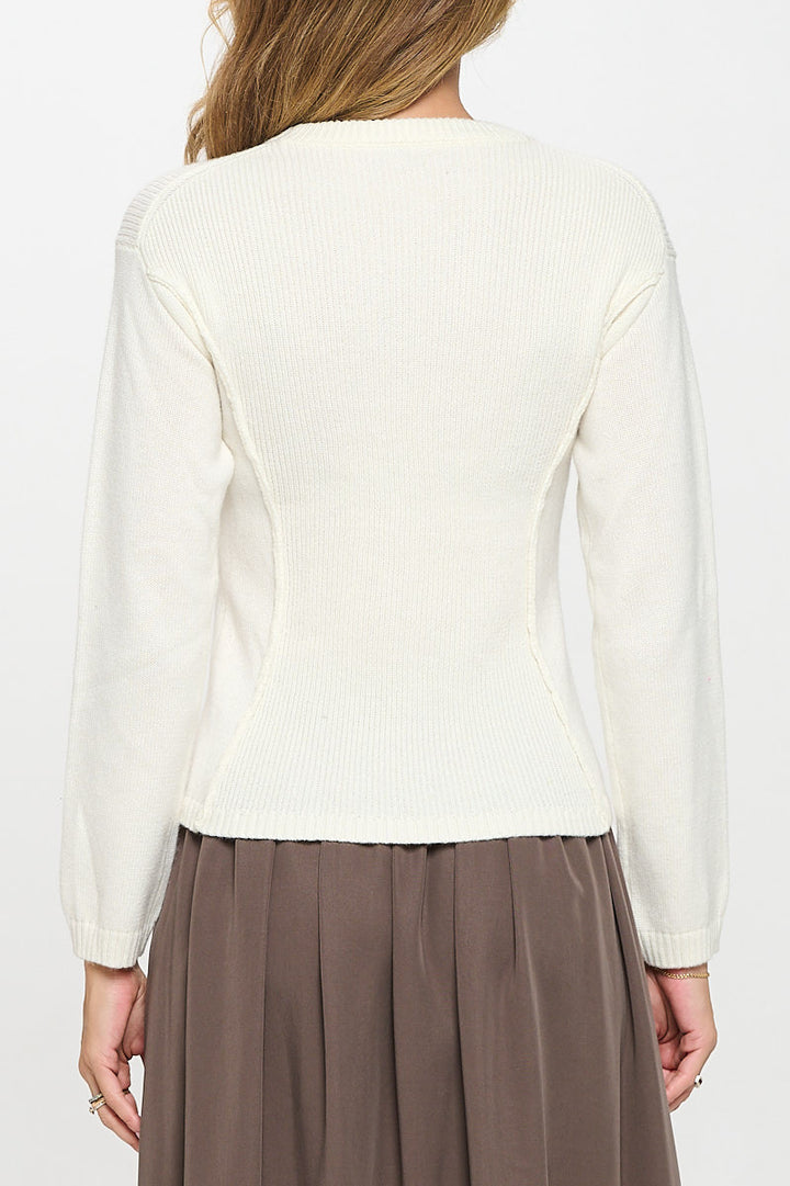 Rib Knit Solid Long Sleeve Pullover Sweater-3