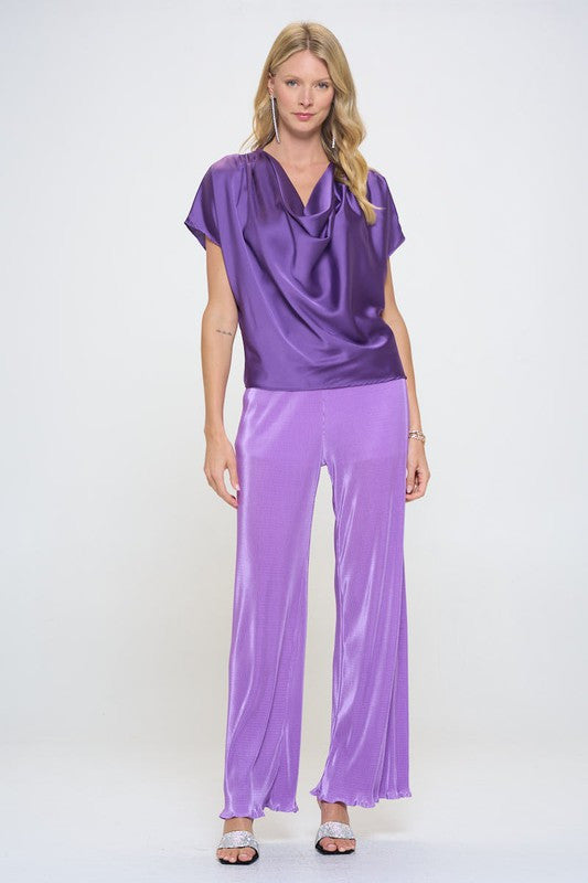Satin Cowl Neck Short Sleeve Top-4
