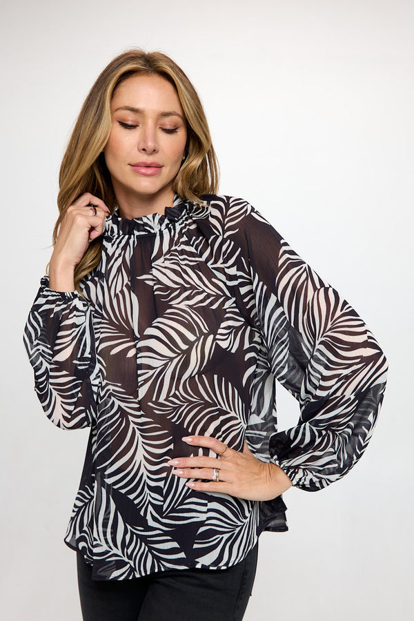 Print Sheer Ruffle Mock Neck Top-0