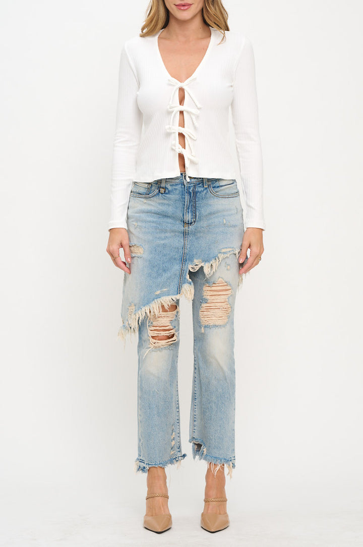 Rib Knit Long Sleeve Top with Front Tie Detail-1