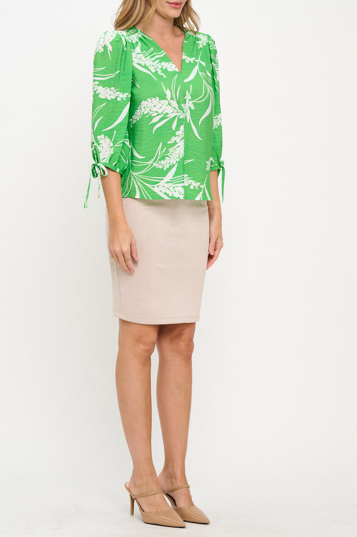 Floral Print V neck Top with Sleeve Tie-2