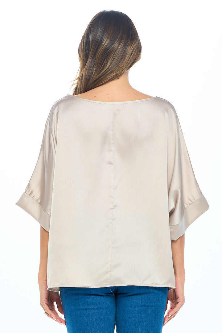 Stretch Satin Solid Round neck Oversize Top-2