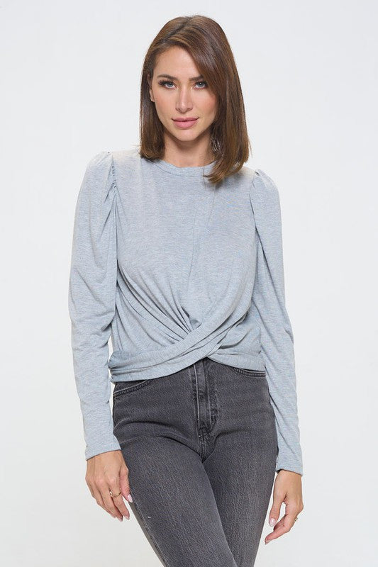 Knit Top with Puff Long Sleeve and Front Twist-2