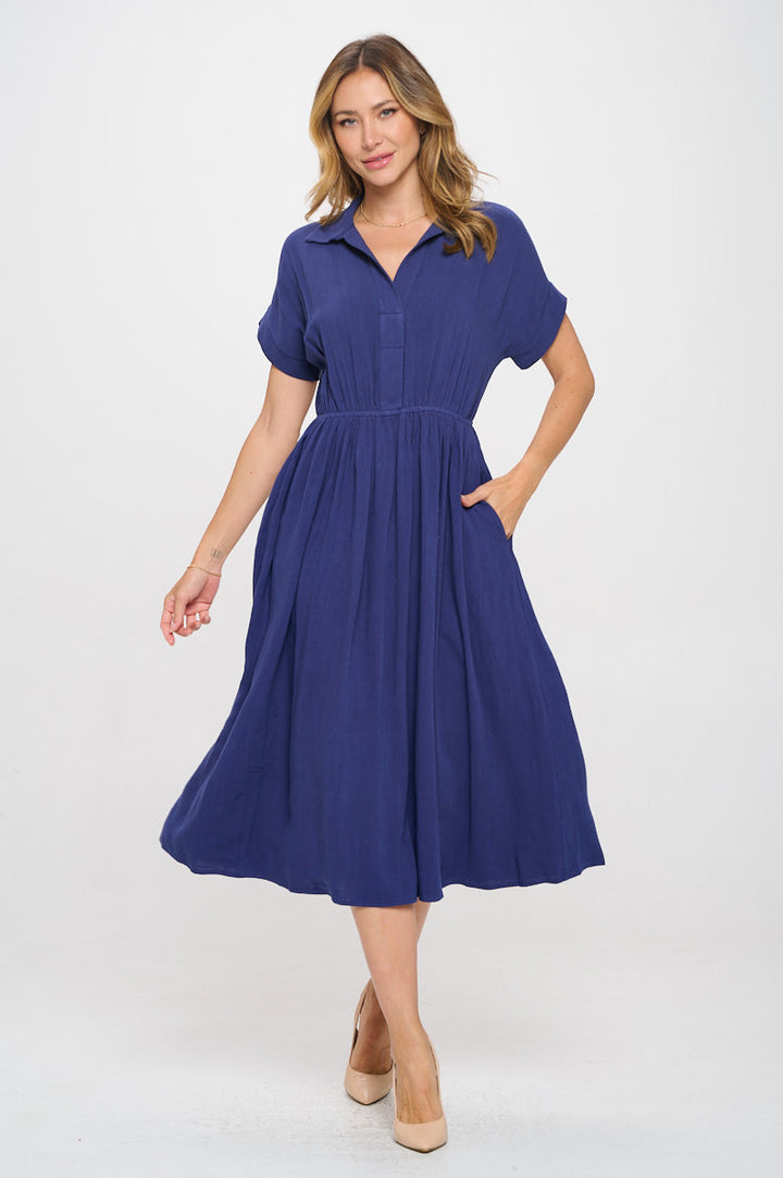 Linen Solid Collared V neck Dress with Pockets-1