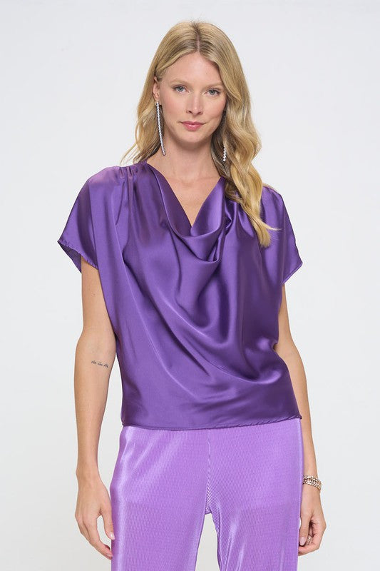 Satin Cowl Neck Short Sleeve Top-0