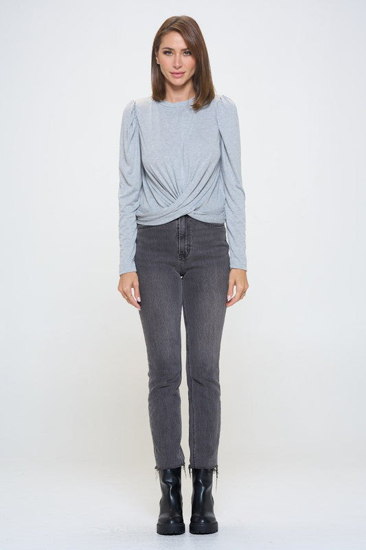 Knit Top with Puff Long Sleeve and Front Twist-5