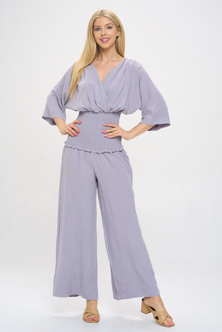 Linen V neck Smocked Dolman Sleeve Top-4