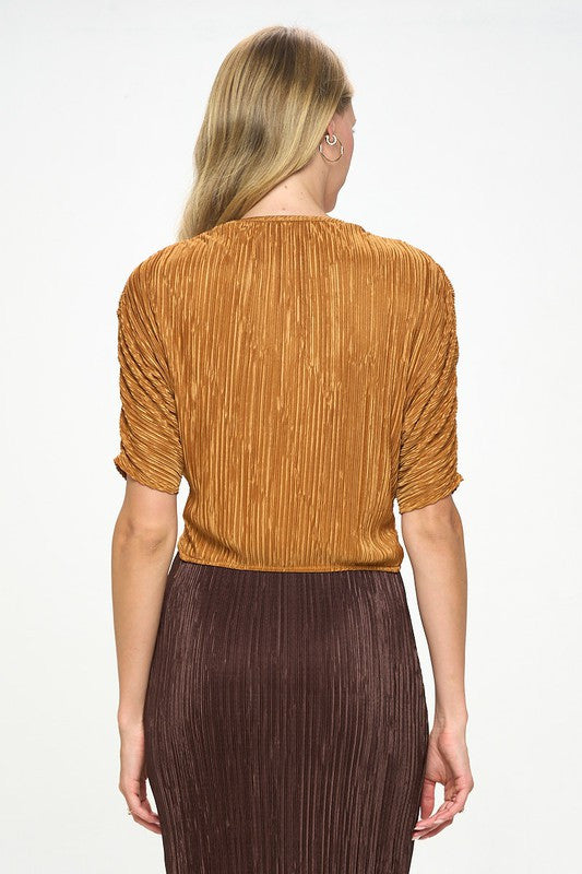 Plisse Mid Scrunched Sleeve Top with Front Twist-3