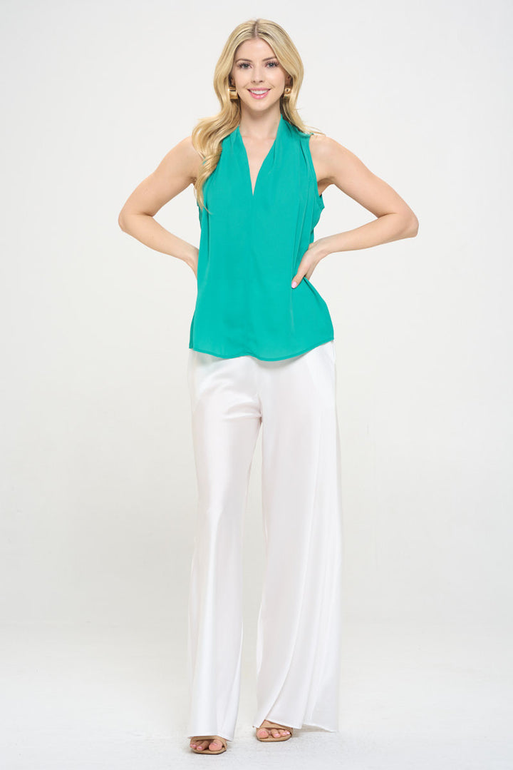 Solid V neck Top with Drape Neckline-4