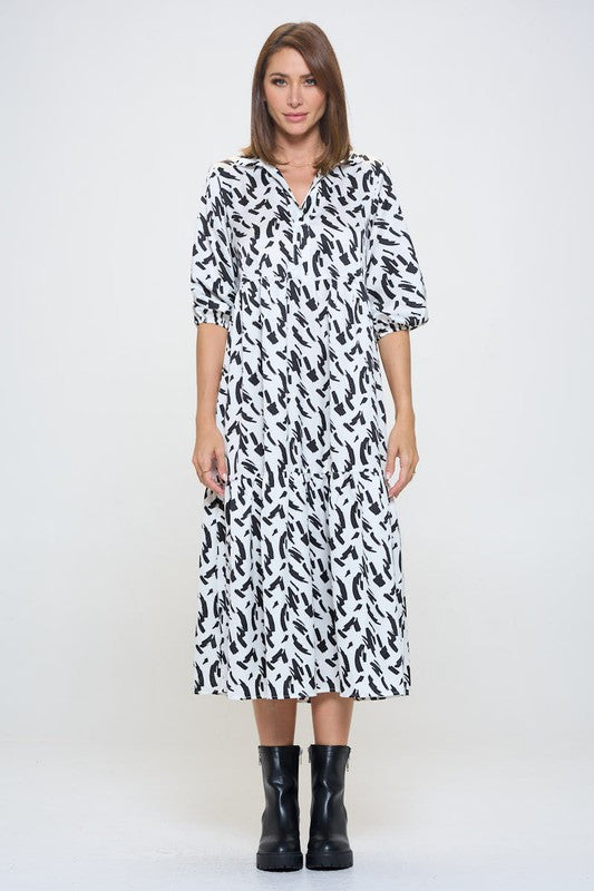 Print Collared V neck Tiered Dress with Pockets-4