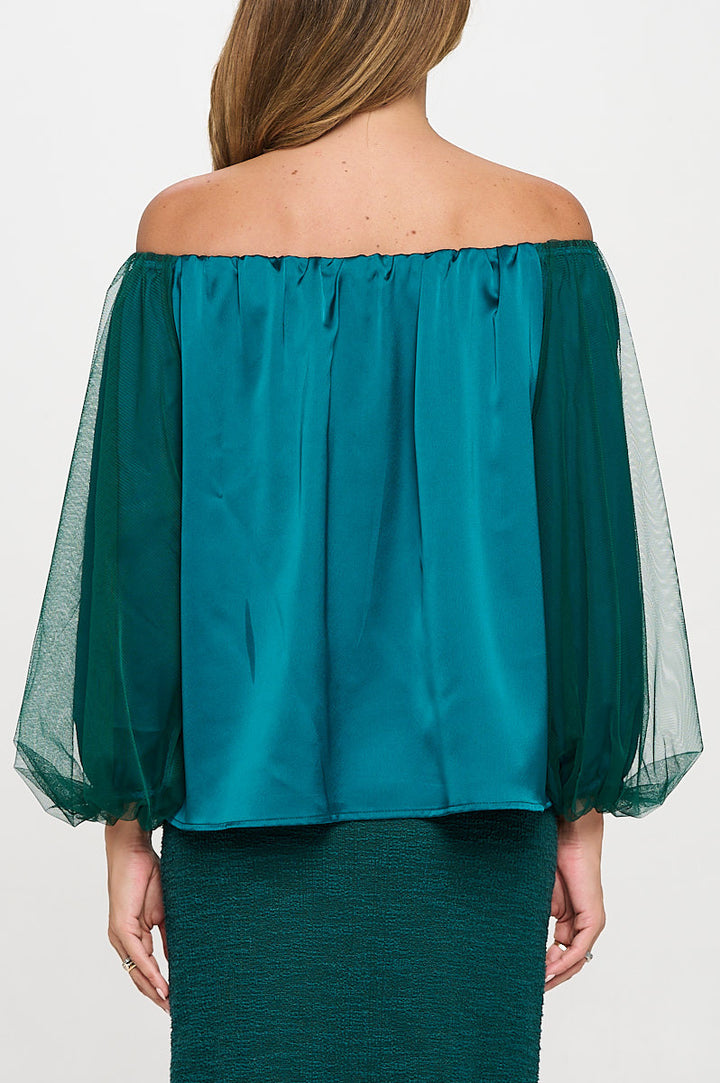 Solid Satin Front Versatile Top with Mesh Sleeve-3