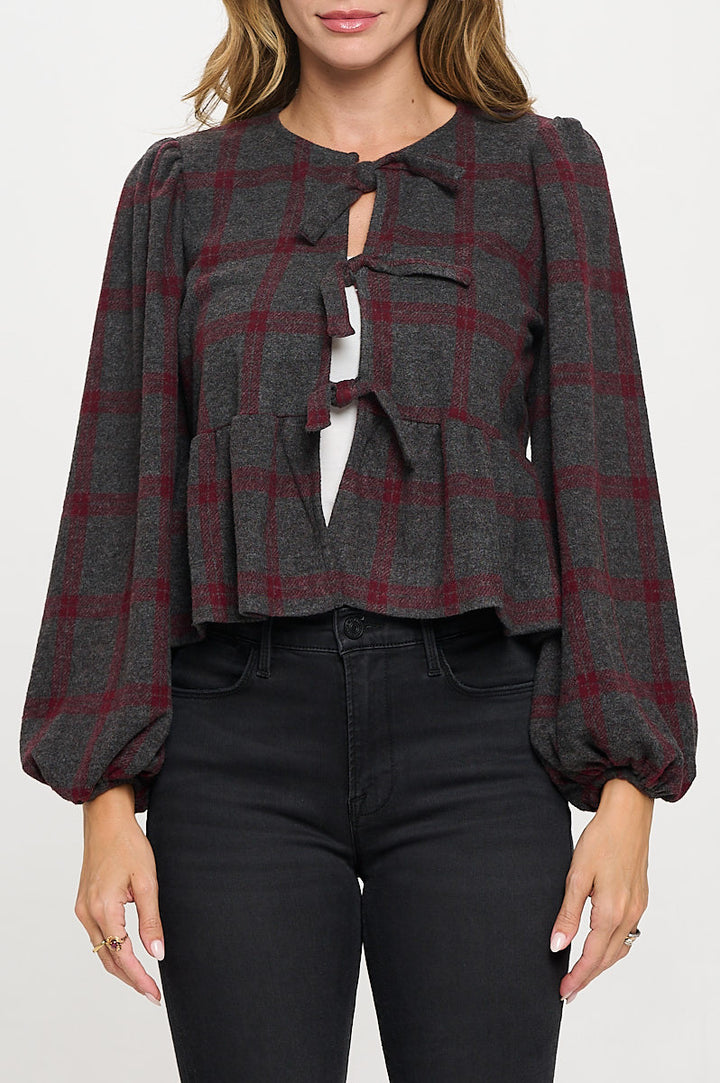 Plaid Long Puff Sleeve Top with Open Front Tie Detail-2