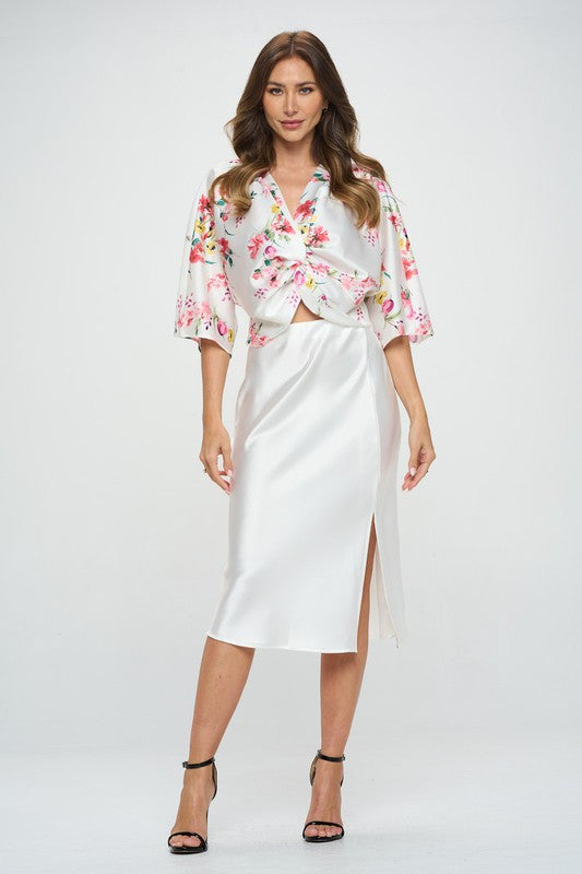 Floral Print Short Sleeve Satin Top with Front Twist-4