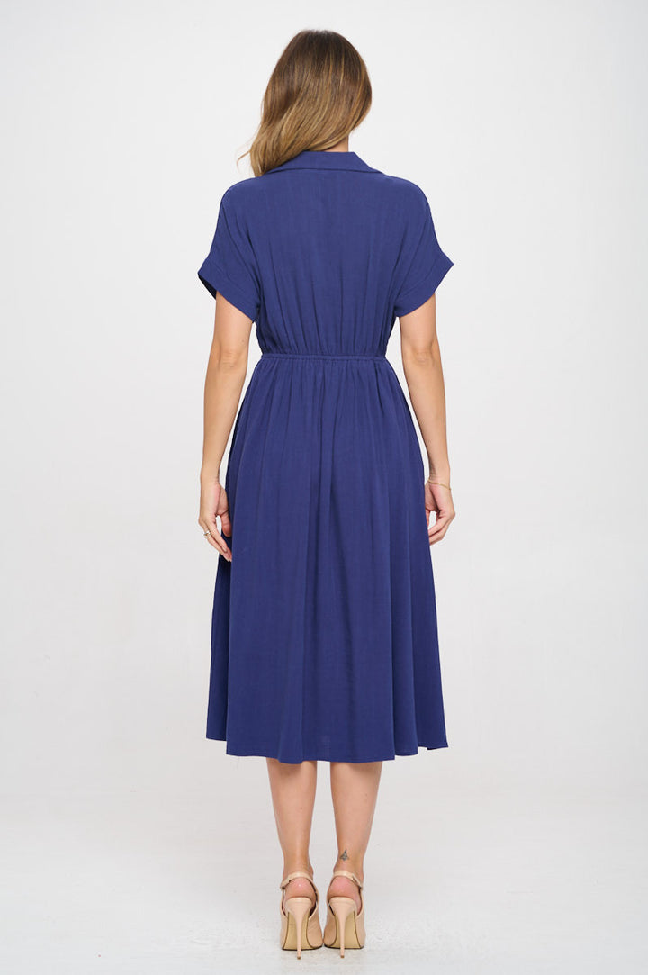 Linen Solid Collared V neck Dress with Pockets-4