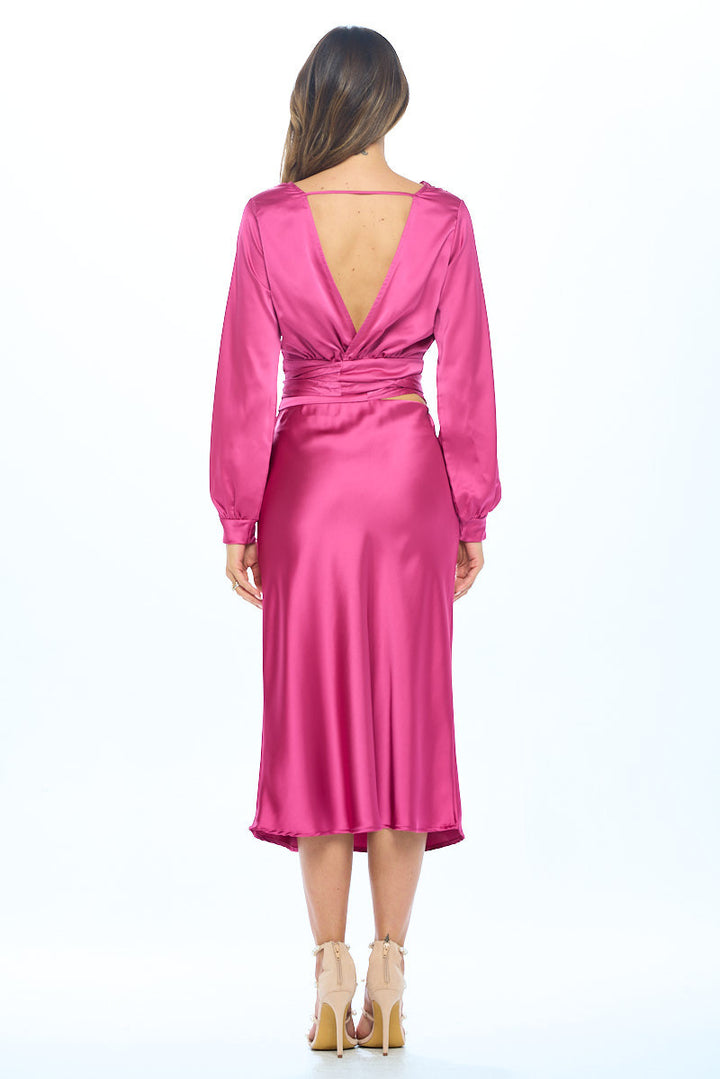 Stretch Satin Solid V neck Top with Open Back-5