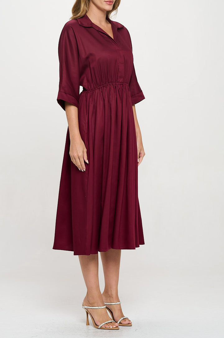 Tencel Collared V neck Midi Dress with Pockets-2
