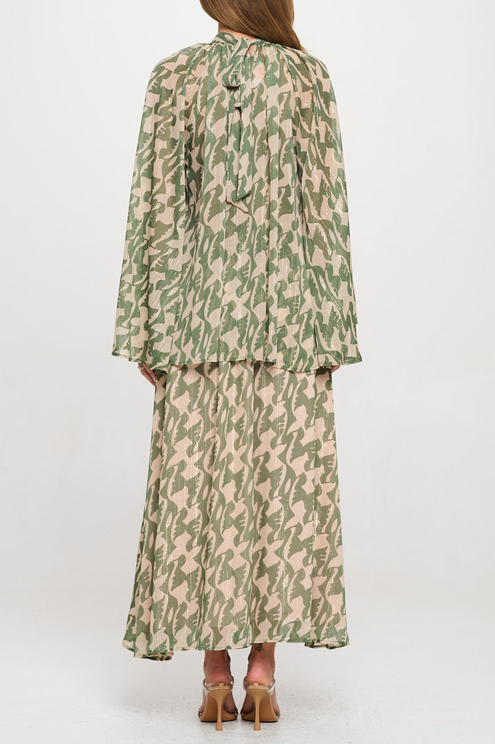 Print Sheer Long Bell Sleeve Top with Back Tie Detail-4
