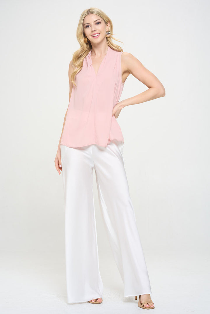 Solid V neck Top with Drape Neckline-4