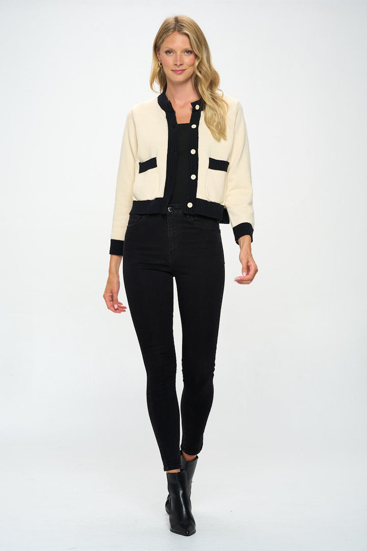Knit Open Front Mini Cardigan with Buttons-4