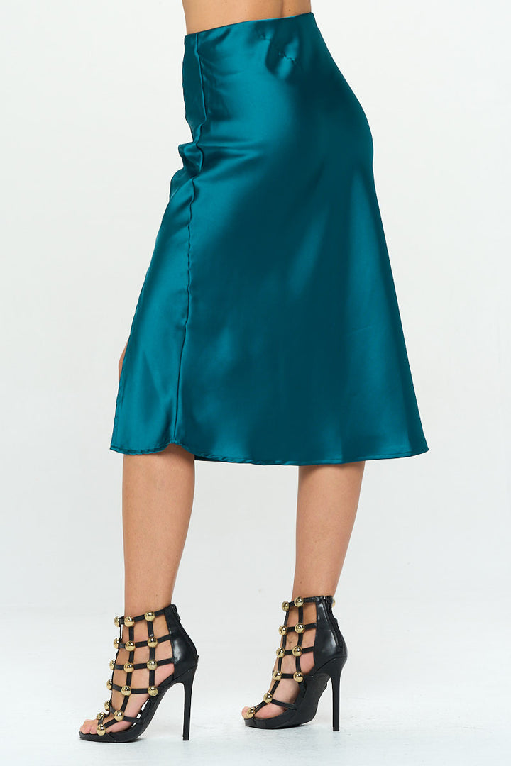 Solid Stretch Satin Midi Skirt with Slit-3