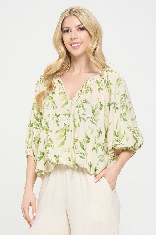 Floral Print V neck 3/4 Sleeve with Tie-1