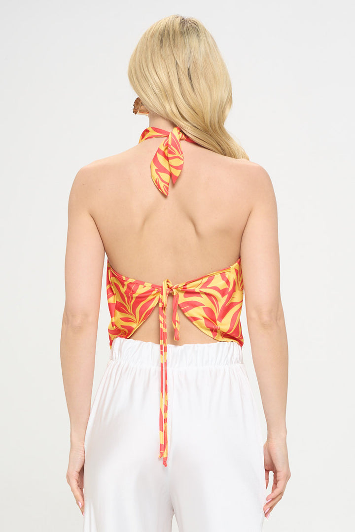 Print Silky Satin Cowl neck Backless Top-3