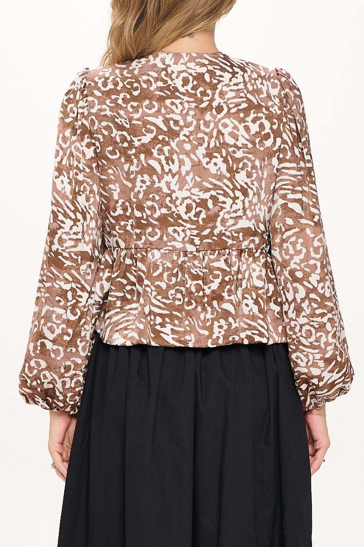 Animal Print Long Puff Sleeve Top with Front Tie Detail-3