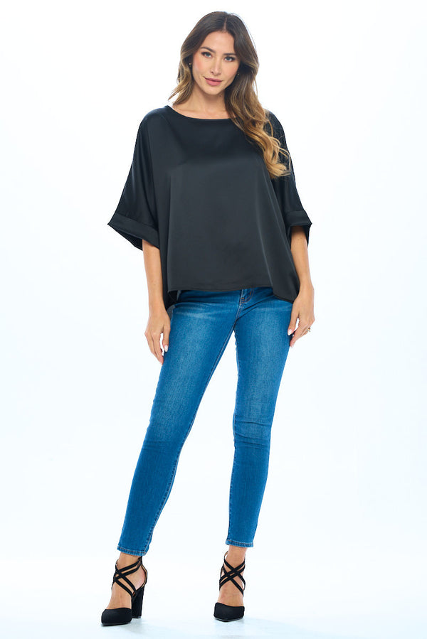 Stretch Satin Solid Round neck Oversize Top-5