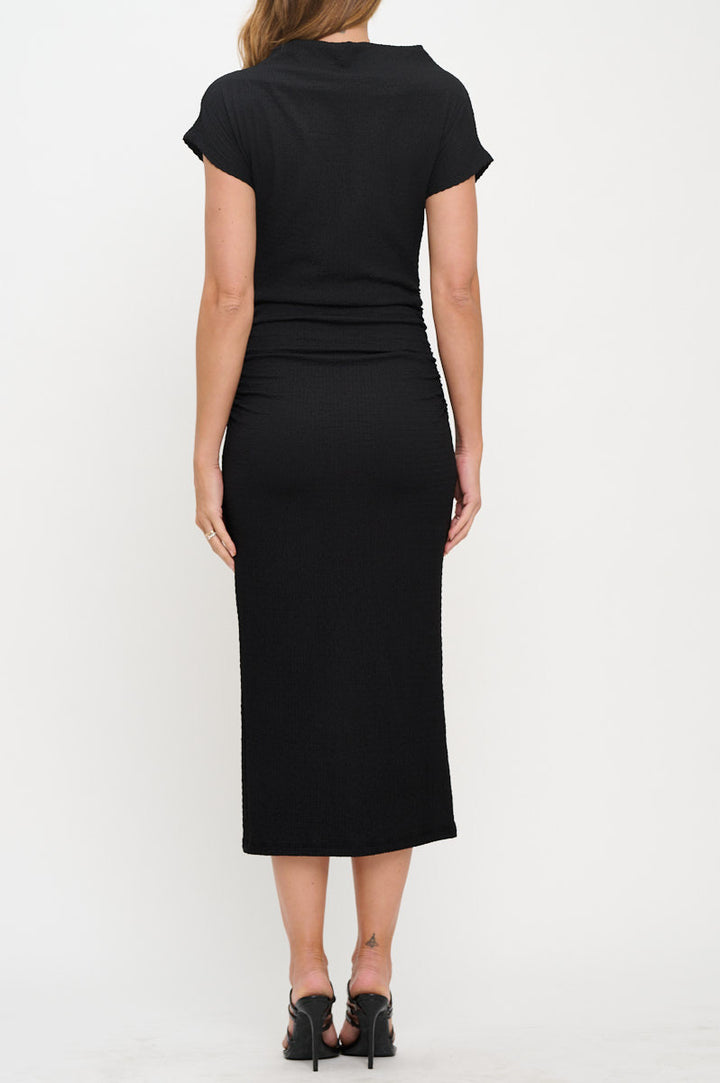Textured Cowl neck Midi Bodycon Ruched Dress-4