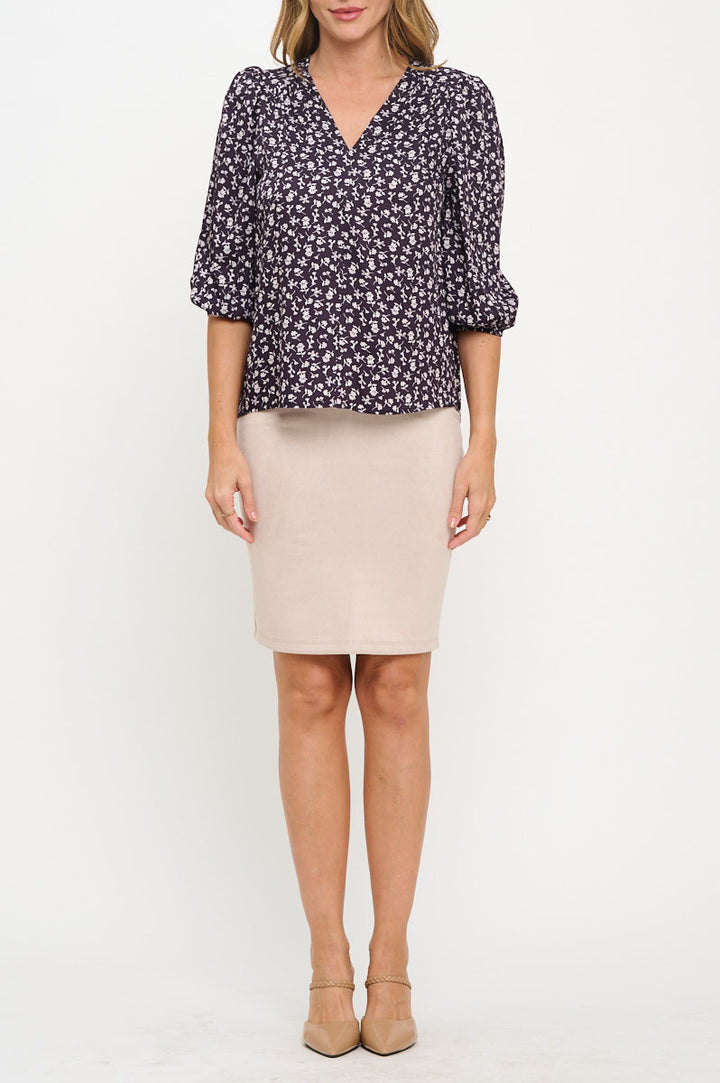 Floral Print V neck 3/4 Sleeve Top-1
