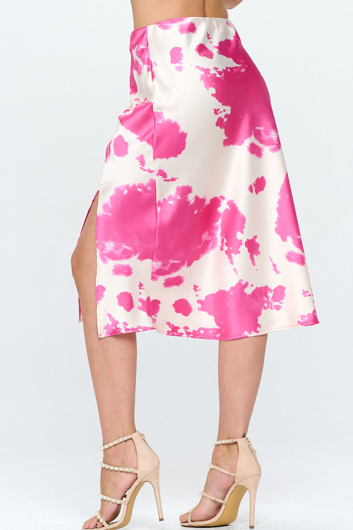Cow Print Satin Midi Skirt with Slit-2