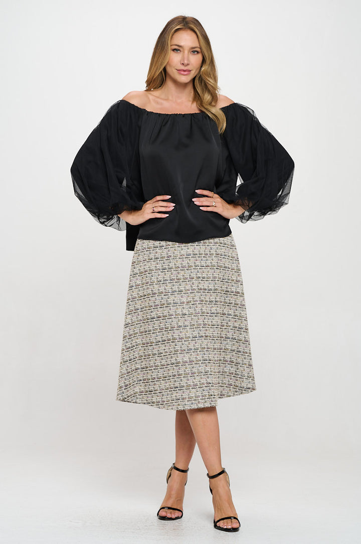 Solid Satin Front Versatile Top with Puff Sheer Sleeve-4