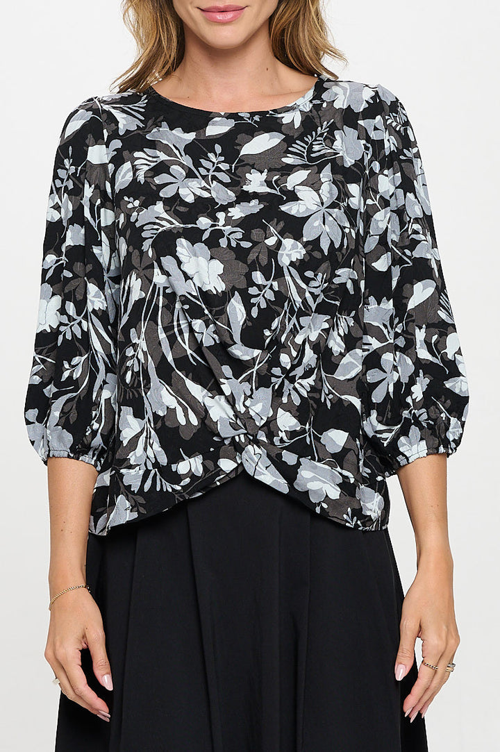 Floral Print 3/4 Sleeve Top with Front Twist-1