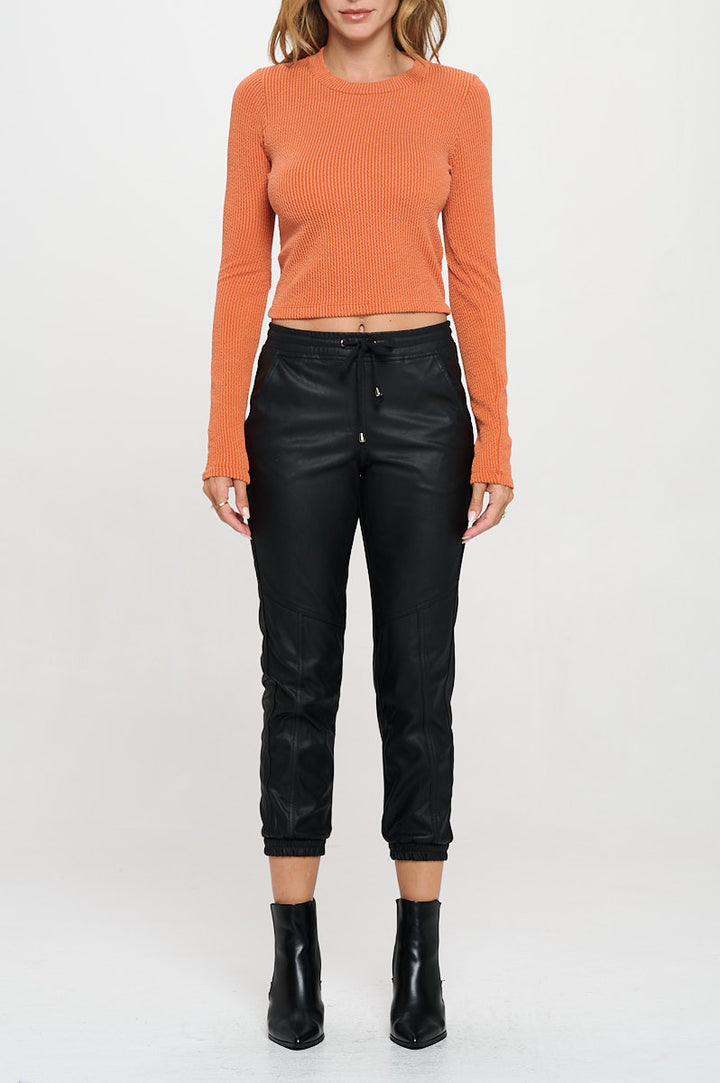 Ribbed Round neck Long Sleeve Crop Top-1