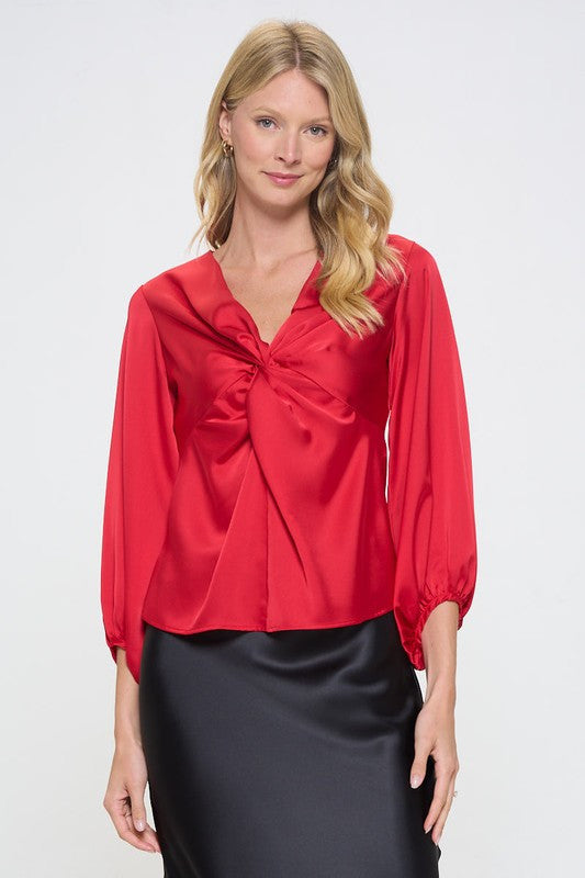 Stretch Satin V neck Top with Front Twist-0