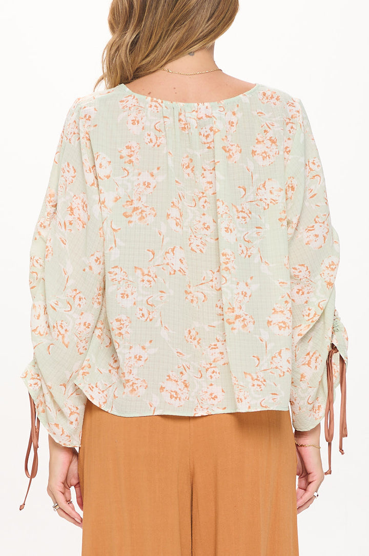 Floral Print Boat Neck Top with Adjustable Tie Sleeve-3