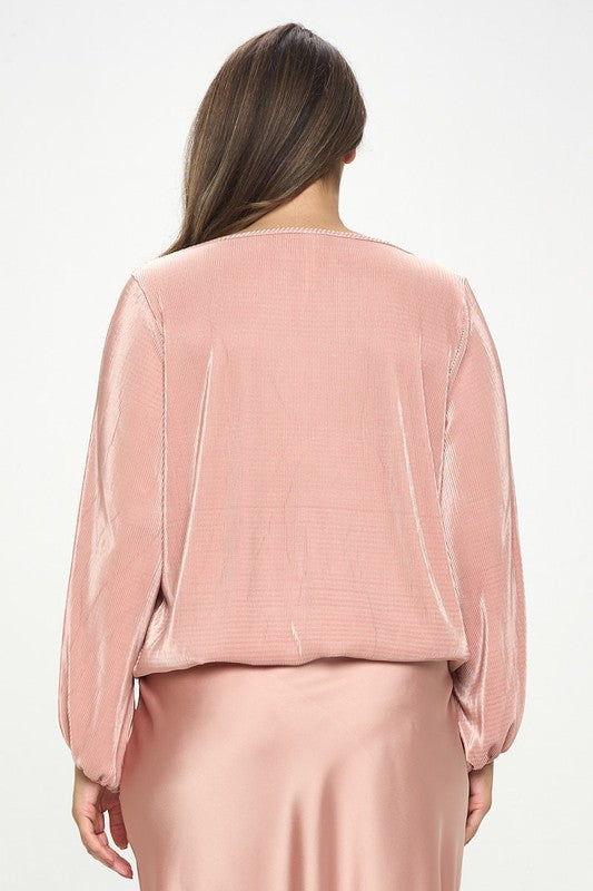 Plisse Solid Round neck Top with 3/4 Sleeve-3