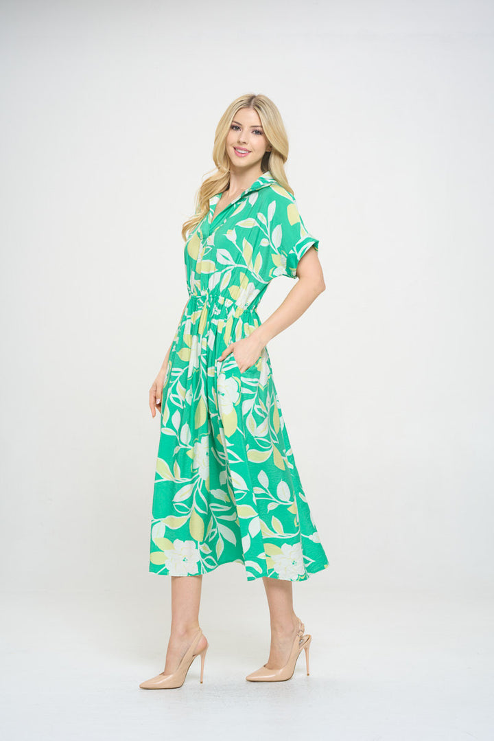 Flower Print Collared V neck Midi Dress with Pockets-2