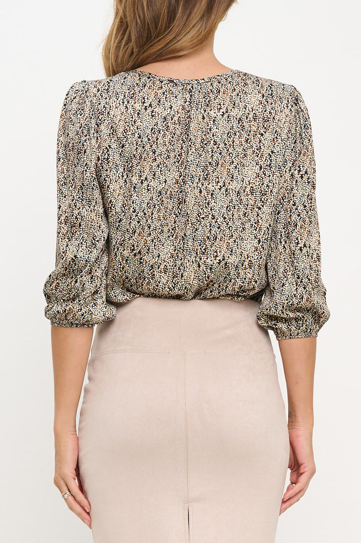 Polka Dot Print 3/4 Sleeve V neck Top-3